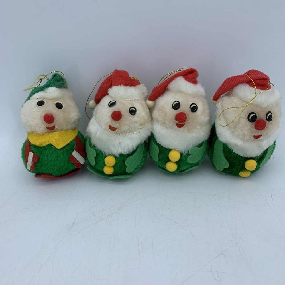 Vintage 90's Christmas Tree Ornaments Decor‎  Santa Elves Elf Plush 4" Set Of 4